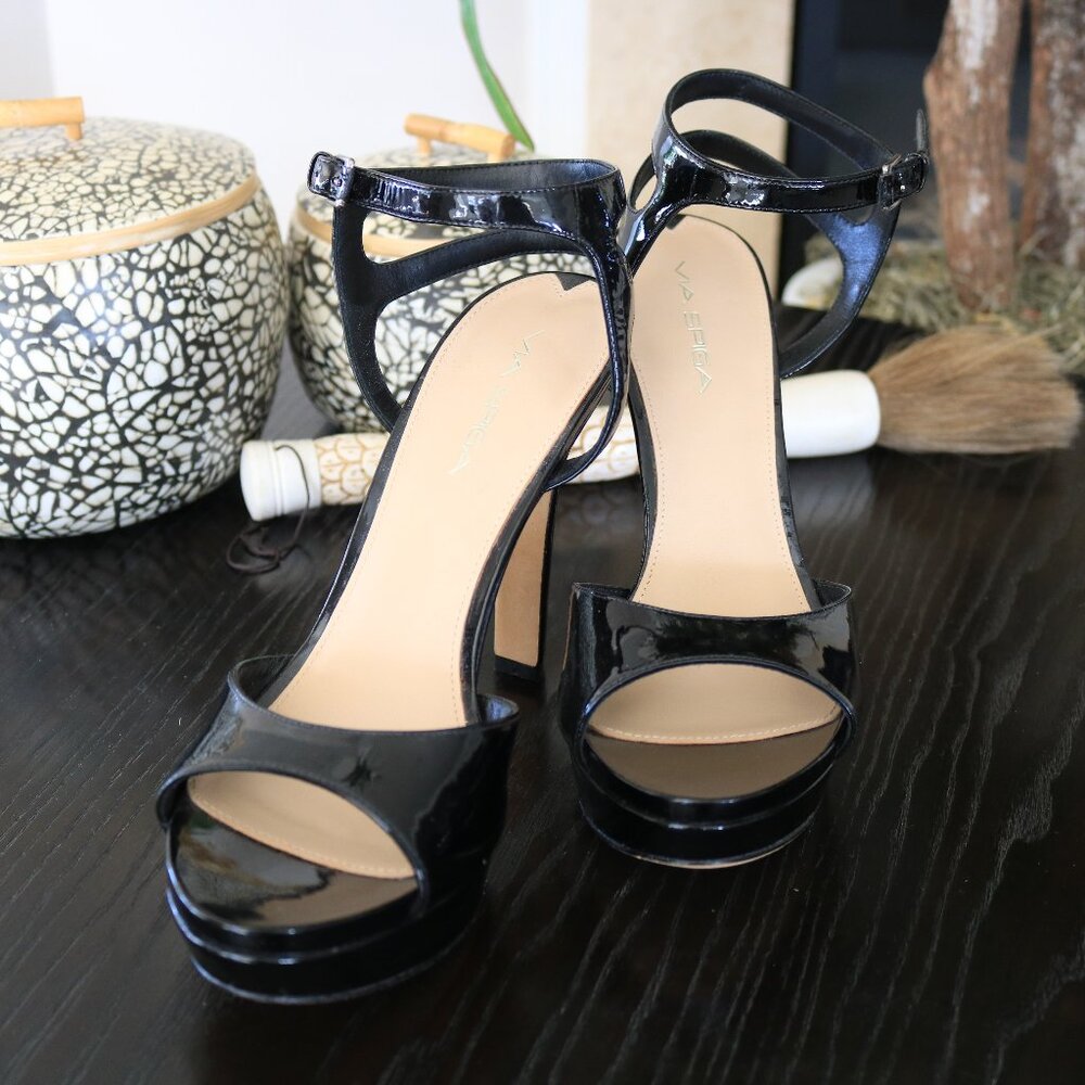 Via Spiga Open-Toe Glossy Black Pumps (Size 9)